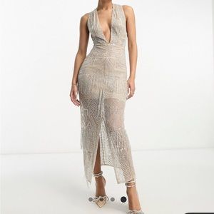 ASOS EDITION beaded fringe and sequin dress with cross back in pale grey.